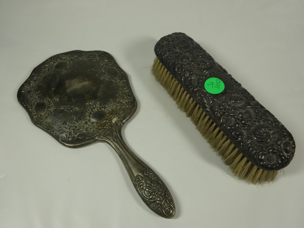 2 PC VINTAGE VANITY SET, BRUSH AND HAND MIRROR, 9.25": 2 PC VINTAGE VANITY SET, BRUSH AND HAND MIRROR, 9.25" AND 7", SKU025.15