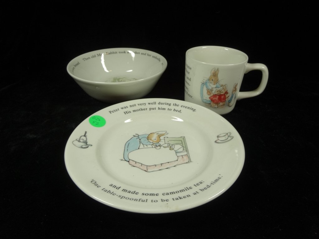 3 PC WEDGWOOD PETER RABBIT BEATRIX POTTER PORCELAIN,: 3 PC WEDGWOOD PETER RABBIT BEATRIX POTTER PORCELAIN, WITH CUP, PLATE, AND BOWL, MARKED, SKU026.52