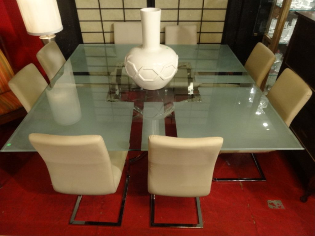 MODERN CHROME AND GLASS DINING SET WITH 8 CHAIRS,: MODERN CHROME AND GLASS DINING SET WITH 8 CHAIRS, SQUARE GLASS TABLE TOP, CHROME BASE, AND 8 CANTILEVER CHROME CHAIRS, 6' X 6'
