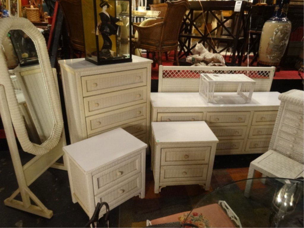 9 PC WHITE WICKER BEDROOM SET, INCLUDES QUEEN: 9 PC WHITE WICKER BEDROOM SET, INCLUDES QUEEN HEADBOARD, DRESSER, 2 NIGHTSTANDS, LINGERIE CHEST, FLOOR MIRROR, SIDE TABLE, BED TRAY, AND TALL CHEST, SOLID VINTAGE CONDITION WITH SOME DISCOLORATION IN