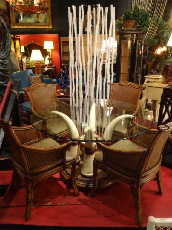 ELEPHANT TUSK DINING TABLE WITH 4 CHAIRS IN RATTAN AND: ELEPHANT TUSK DINING TABLE WITH 4 CHAIRS IN RATTAN AND WOOD, TABLE HAS FOUR FAUX TUSKS SUPPORTING ROUND GLASS TABLE TOP, APPROX 52"W, SKU030.01