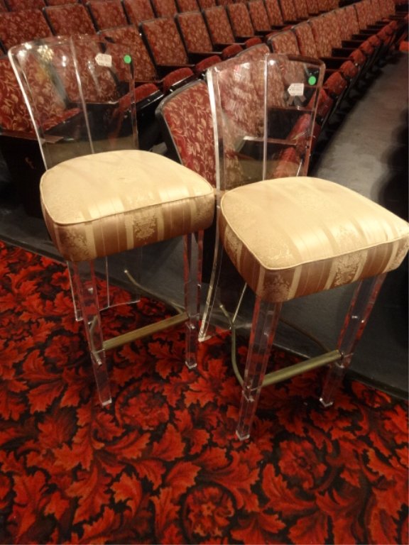 2 VINTAGE LUCITE BARSTOOLS, CLEAR LUCITE BACKS AND: 2 VINTAGE LUCITE BARSTOOLS, CLEAR LUCITE BACKS AND LEGS, UPHOLSTERED SEATS, LUCITE IS IN VERY GOOD CONDITION