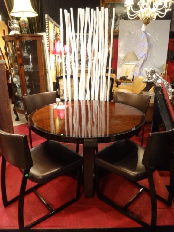 MODERN DINING TABLE WITH 4 CHAIRS, TABLE WITH MACASSAR: MODERN DINING TABLE WITH 4 CHAIRS, TABLE WITH MACASSAR EBONY VENEERS AND METAL BASE, CHAIRS HAVE METAL BASE AND BRONZE VINYL SEATS, APPROX 42"W