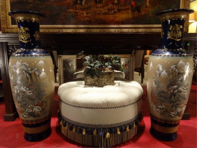 PAIR LARGE CHINESE PORCELAIN PALACE VASES, COBALT AND: PAIR LARGE CHINESE PORCELAIN PALACE VASES, COBALT AND GOLD WITH PAINTED LANDSCAPES AND PAVILIONS, EXCELLENT CONDITION WITH NO CHIPS OR CRACKS, 42"H