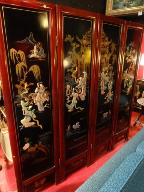 4 PANEL CHINESE COROMANDEL SCREEN, CARVED STONE: 4 PANEL CHINESE COROMANDEL SCREEN, CARVED STONE FIGURES, PAINTED PAVILIONS AND LANDSCAPES, VERY GOOD CONDITION, APPROX 6' X 6', SKU009.03