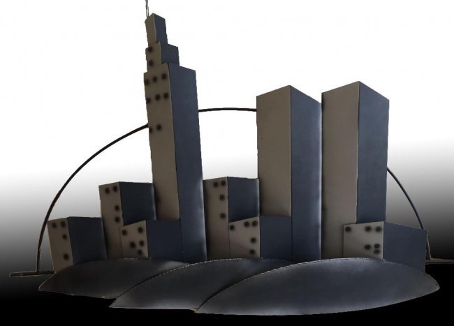 C. JERE (CURTIS JERE) SCULPTURE, RARE NEW YORK CITY SKY: C. JERE (CURTIS JERE) SCULPTURE, RARE NEW YORK CITY SKYLINE WITH TWIN TOWERS. MIXED METALS, STEEL, IRON. APPROXIMATELY 38" WIDE.