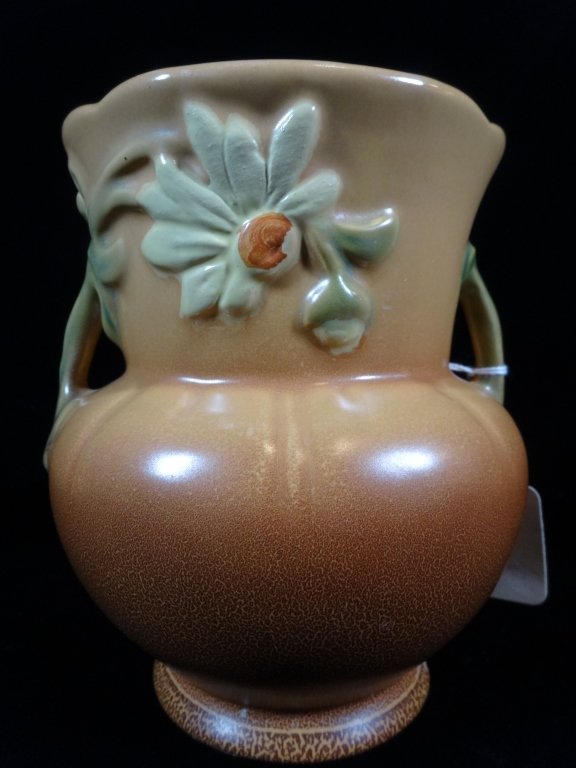 WELLER POTTERY VASE, 2 HANDLES, G-5, BROWN AND GREEN: WELLER POTTERY VASE, 2 HANDLES, G-5, BROWN AND GREEN WITH FLORALS, MARKED, 5.5"H X 4.5"D