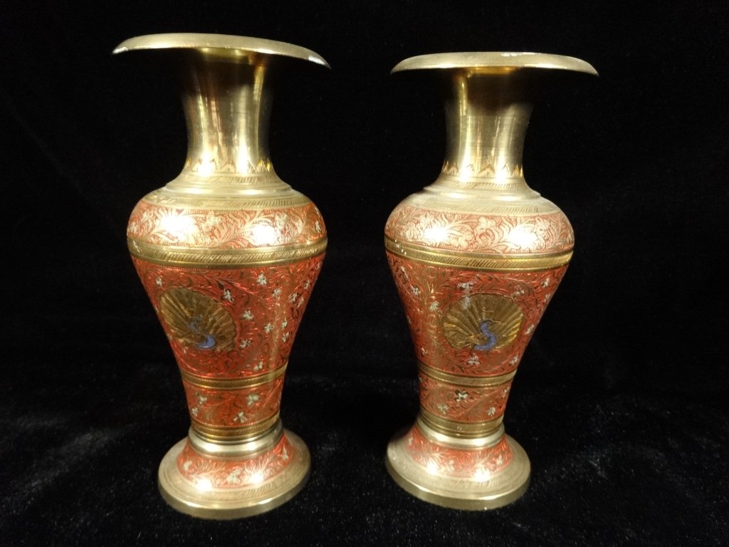2 CHAMPLEVE VASES WITH PEACOCK DESIGN, APPROX 6"H: 2 CHAMPLEVE VASES WITH PEACOCK DESIGN, APPROX 6"H