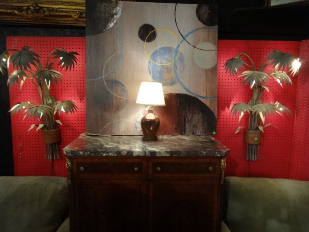 PAIR METAL PALM ELECTRIC WALL SCONCES, FROM THE: PAIR METAL PALM ELECTRIC WALL SCONCES, FROM THE COPACABANA NIGHTCLUB IN MANHATTAN, GRAY AND COPPER FINISH, INDIRECT AMBIENT LIGHTING FROM BEHIND PALM FRONDS, APPROX 3' H, SKU052.02