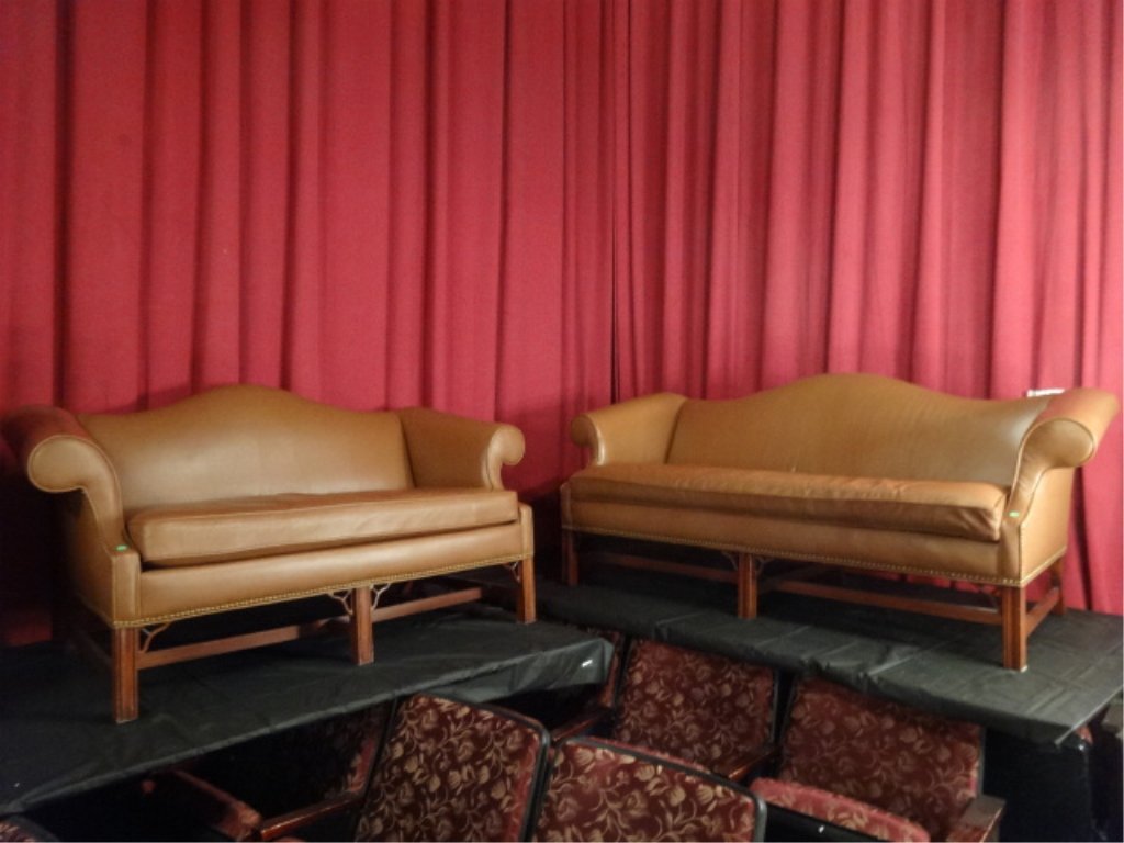 2 PC LEATHER CAMEL BACK SOFA AND LOVESEAT, NAILHEAD: 2 PC LEATHER CAMEL BACK SOFA AND LOVESEAT, NAILHEAD TRIM, CAMEL COLOR LEATHER IN EXCELLENT CONDITION, SKU047.14