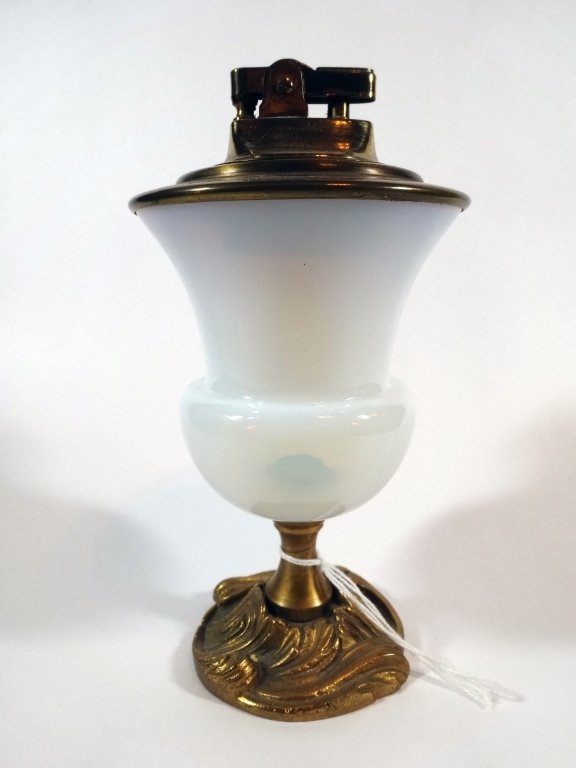 MID CENTURY WHITE GLASS TABLE LIGHTER, BRASS BASE AND: MID CENTURY WHITE GLASS TABLE LIGHTER, BRASS BASE AND TOP, 6.5" X 3.5"
