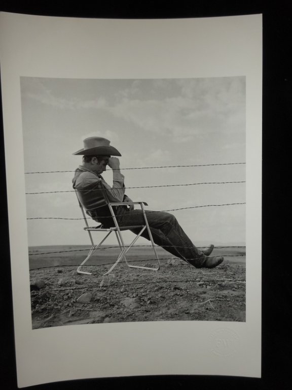 FRANK WORTH ESTATE "JAMES DEAN" LITHOGRAPH, FROM HIS: FRANK WORTH ESTATE "JAMES DEAN" LITHOGRAPH, FROM HIS PHOTO TAKEN ON THE SET OF "GIANT", WITH EMBOSSED FRANK WORTH ESTATE LIMITED EDITION SEAL, APPROX 17.5" X 12" UNFRAMED