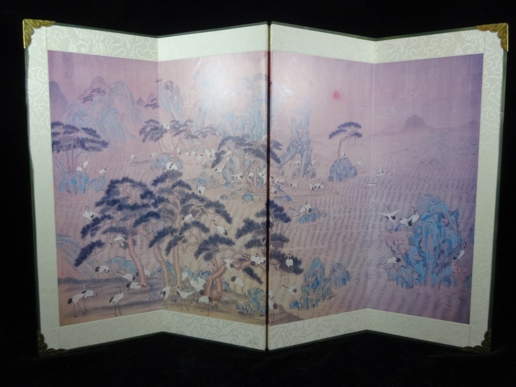 CHINESE TABLE TOP SCREEN, PAINTED PARCHEMENT,: CHINESE TABLE TOP SCREEN, PAINTED PARCHEMENT, LANDSCAPES WITH CRANES, 21.5" X 14.25", SKU026.113
