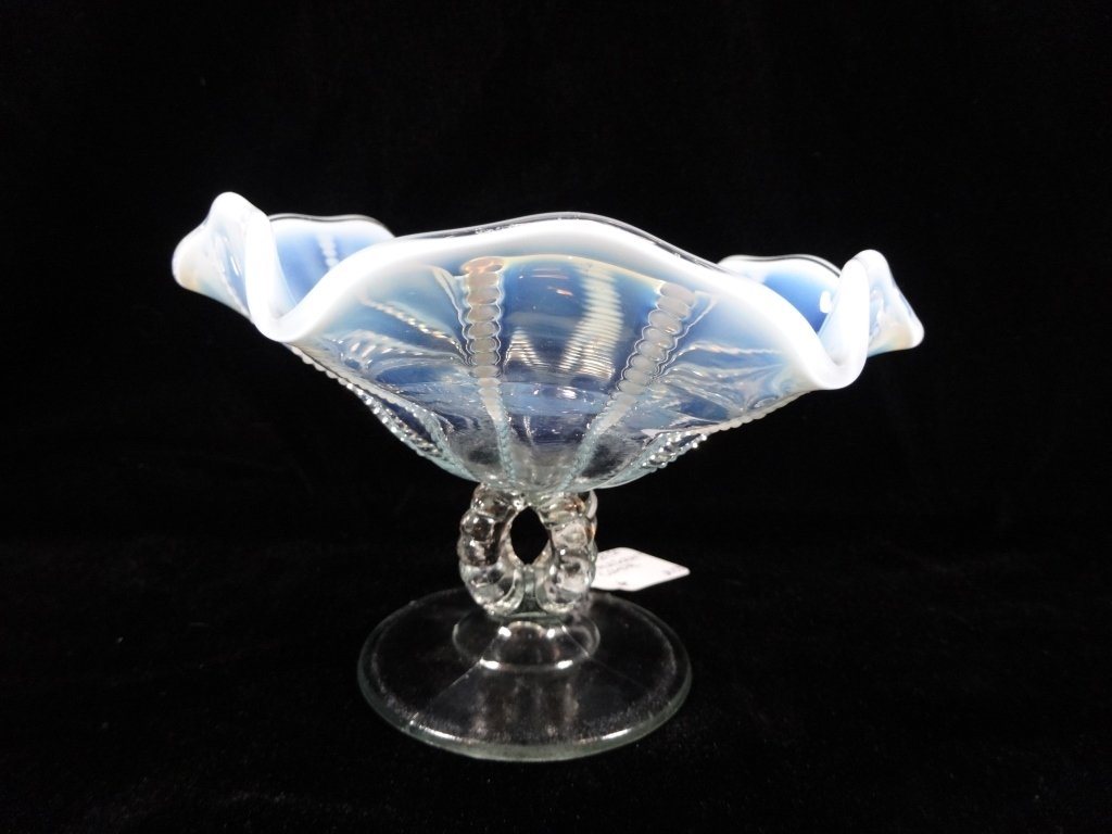 BLUE OPALESCENT GLASS COMPOTE, APPROX 4.5" X 6.75": BLUE OPALESCENT GLASS COMPOTE, APPROX 4.5" X 6.75"