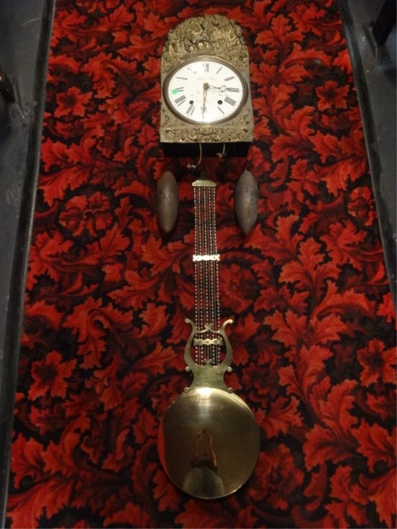 JACQUES ALMAR REPRODUCTION MOBIER WALL CLOCK, EMBOSSED: JACQUES ALMAR REPRODUCTION MOBIER WALL CLOCK, EMBOSSED BRASS, APPROX 3'H, SKU049