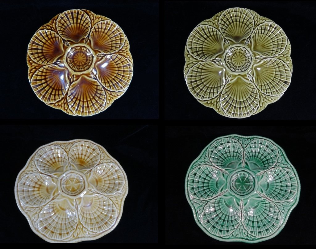 4 PC SARREGUEMINES MAJOLICA OYSTER PLATES, INCLUDES: 4 PC SARREGUEMINES MAJOLICA OYSTER PLATES, INCLUDES BROWN, YELLOW, LIGHT GREEN & GREEN, MADE IN FRANCE