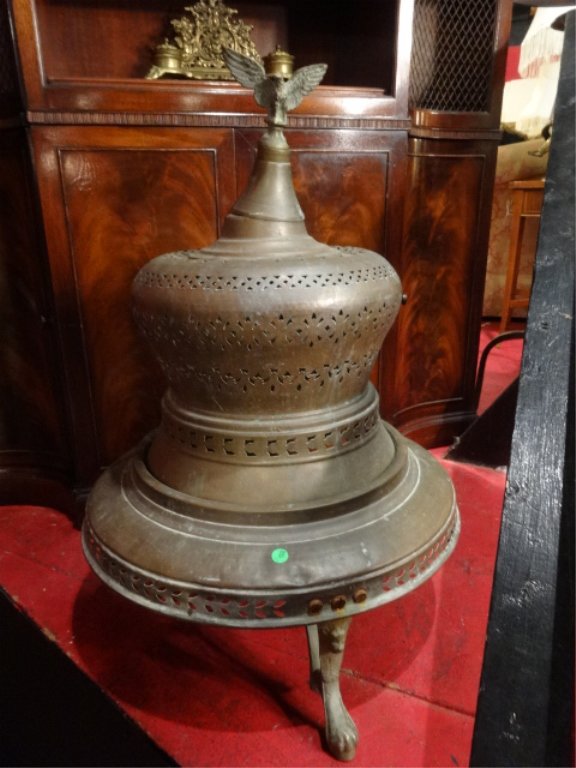 TURKISH BRASS BRAZER, PIERCEWORK DESIGNS, LION FORMS: TURKISH BRASS BRAZER, PIERCEWORK DESIGNS, LION FORMS WITH PAW FEET, EAGLE FINIAL, APPROX 35"H X 23"W, SKU895