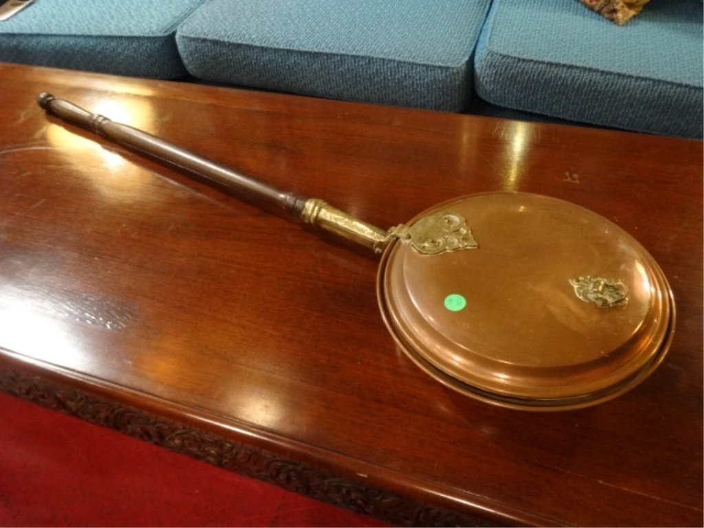 ANTIQUE COPPER AND WOOD BED WARMER WITH BRASS ACCENTS,: ANTIQUE COPPER AND WOOD BED WARMER WITH BRASS ACCENTS, APPROX 3.5'W, SKU026.80