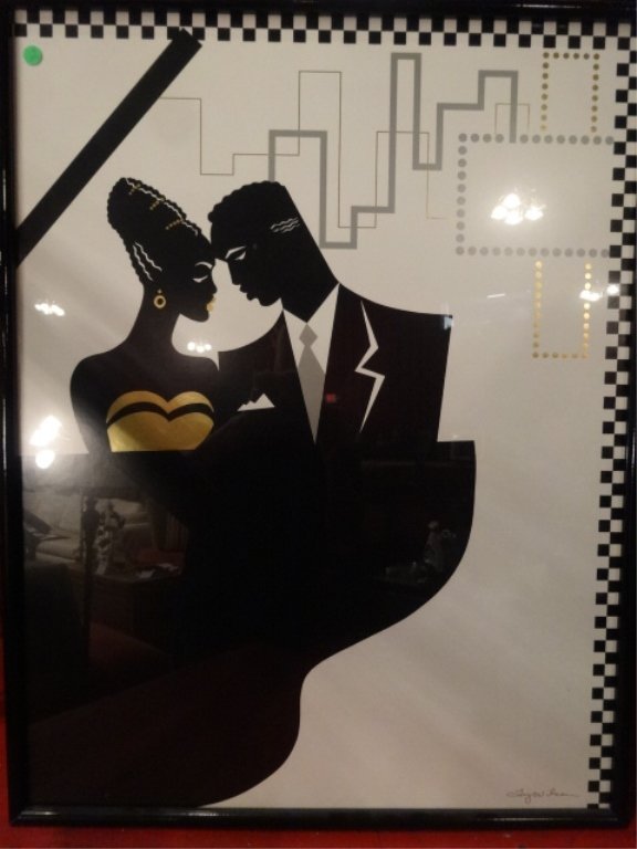 ART DECO STYLE PRINT, COUPLE WITH PIANO, WHITE, BLACK: ART DECO STYLE PRINT, COUPLE WITH PIANO, WHITE, BLACK AND GOLD, APPROX 28" X 20, SKU025.06