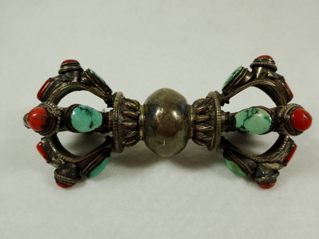 TIBETAN SILVER VAJRA DORJE PRAYER SCEPTER WITH: TIBETAN SILVER VAJRA DORJE PRAYER SCEPTER WITH TURQUOISE, APPROX 4.5"L