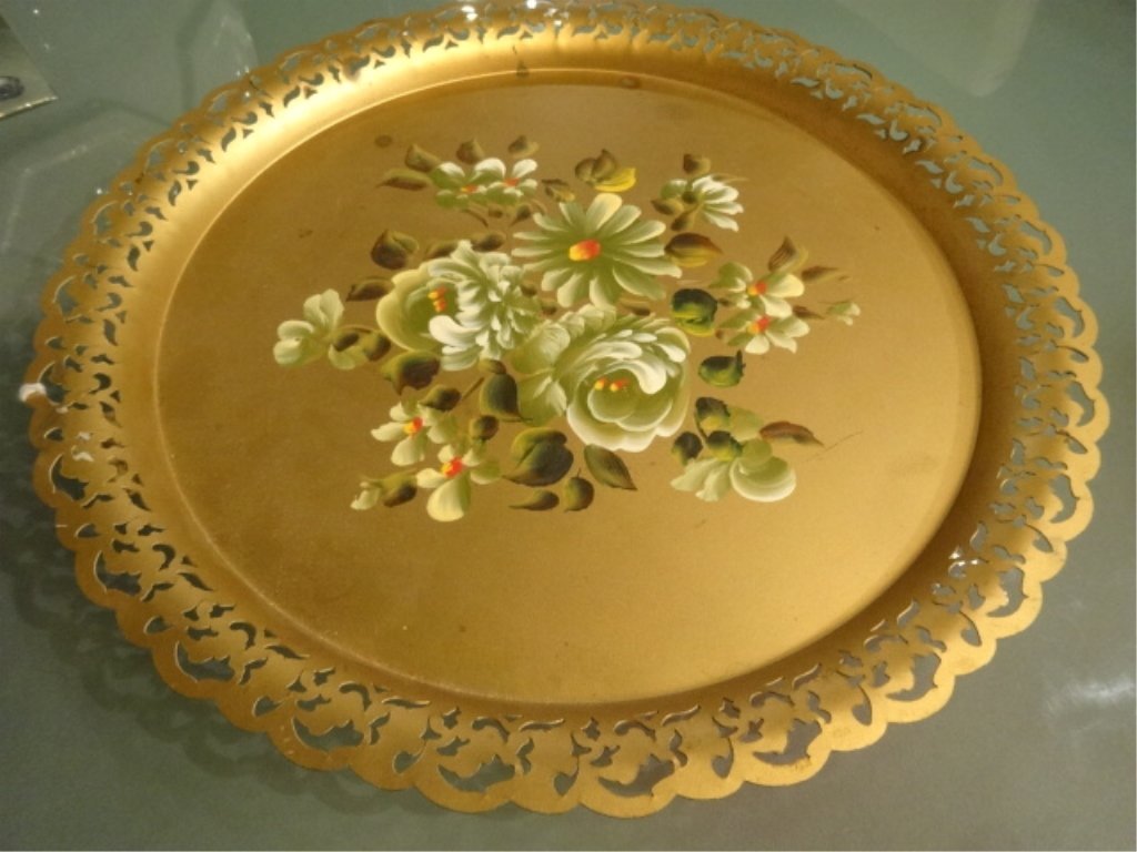 GOLD TOLE PAINTED TRAY, GREEN FLORAL DESIGN, APPROX: GOLD TOLE PAINTED TRAY, GREEN FLORAL DESIGN, APPROX 15"W