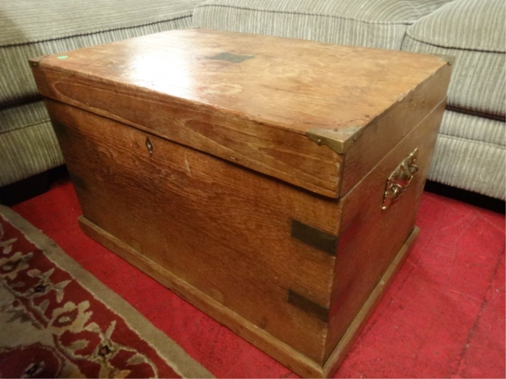 VINTAGE WOOD CHEST WITH BRASS HANDLES, MOUNTS, AND: VINTAGE WOOD CHEST WITH BRASS HANDLES, MOUNTS, AND ESCUTCHEON, APPROX 30"W, SKU047.07