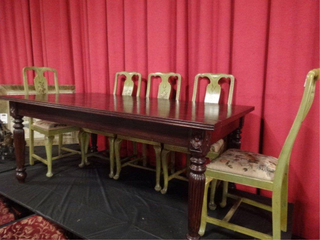 BRITISH WEST INDIES STYLE DINING TABLE, CARVED: BRITISH WEST INDIES STYLE DINING TABLE, CARVED MEDALLIONS, TURNED LEGS, DARK FINISH, EXCELLENT CONDITION, APPROX 5'W, SKU101