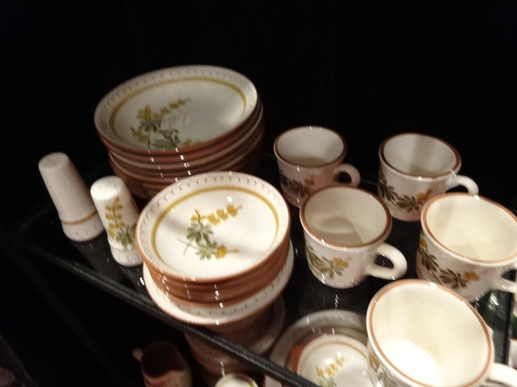 51 PC STANGL GOLDEN BLOSSOM DINNERWARE, INCLUDES 8: 51 PC STANGL GOLDEN BLOSSOM DINNERWARE, INCLUDES 8 BOWLS, 6 BERRY BOWLS, 5 CUPS, 10 PLATES, 8 BREAD PLATES, 8 SALAD PLATES, SUGAR WITH LID, CREAMER, 2 RAMEKINS, AND SALT & PEPPER SHAKERS (MISSING STOP