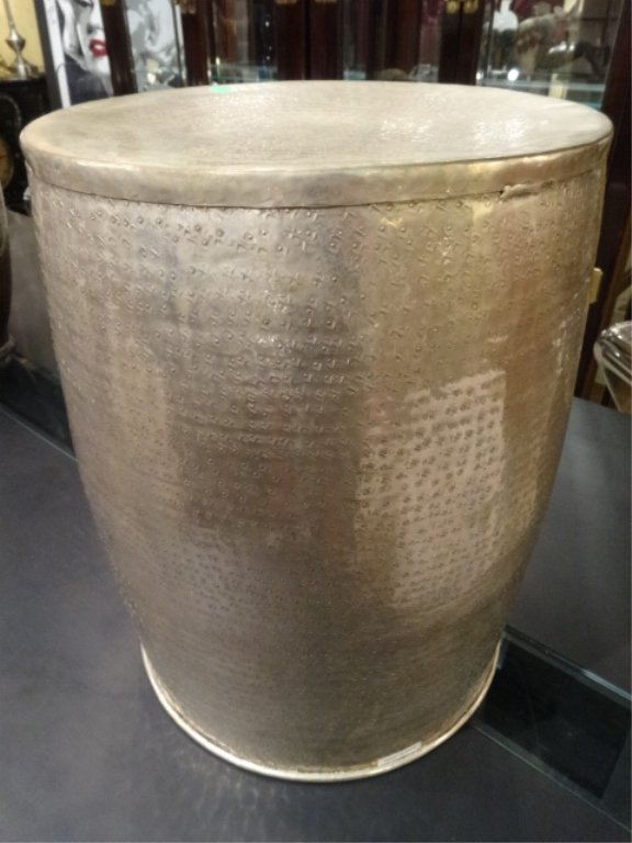 SILVER PATINA METAL TABLE OR GARDEN STOOL, EMBOSSED: SILVER PATINA METAL TABLE OR GARDEN STOOL, EMBOSSED DESIGNS, MADE IN INDIA, #2 OF TWO SIMILAR AVAILABLE THIS AUCTION, EACH SOLD SEPARATELY, APPROX 22"H, SKU065.05