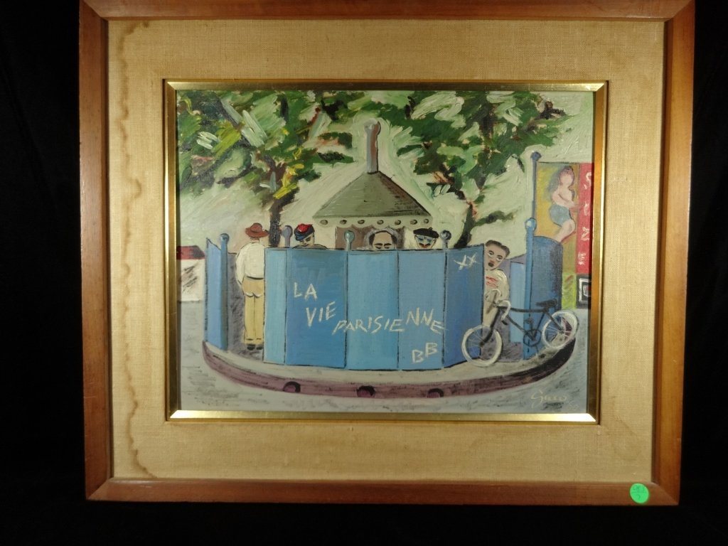 VINTAGE GARO PAINTING ON CANVAS PANEL, "LA VIE: VINTAGE GARO PAINTING ON CANVAS PANEL, "LA VIE PARISIENNE" - PARISIAN STREET SCENE OF A PISSOIR (PUBLIC URINAL), SIGNED GARO '60 LOWER RIGHT, WATER DAMAGE TO MAT HAS NOT AFFECTED PAINTING, APPROX 20.5