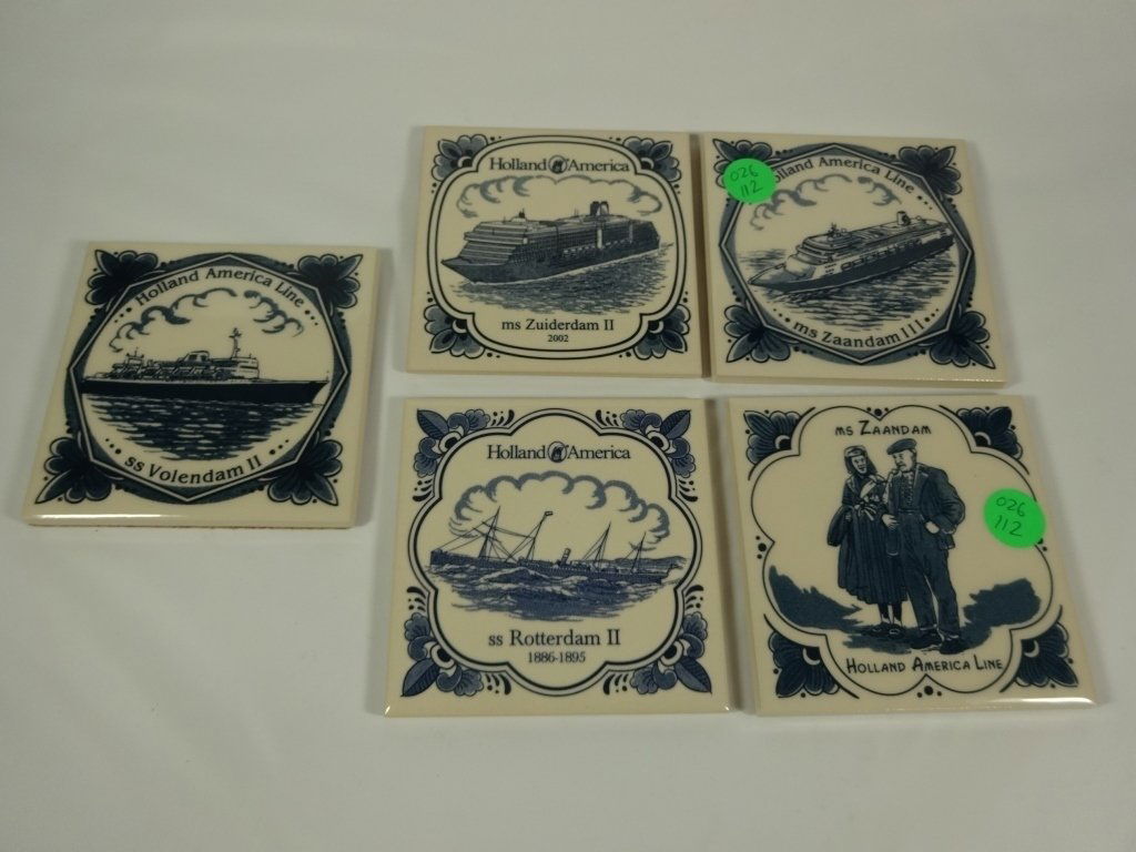 5 PC DELFT PORCELAIN COASTERS, HOLLAND AMERICA LINE,: 5 PC DELFT PORCELAIN COASTERS, HOLLAND AMERICA LINE, 3.75"W, SKU026.112