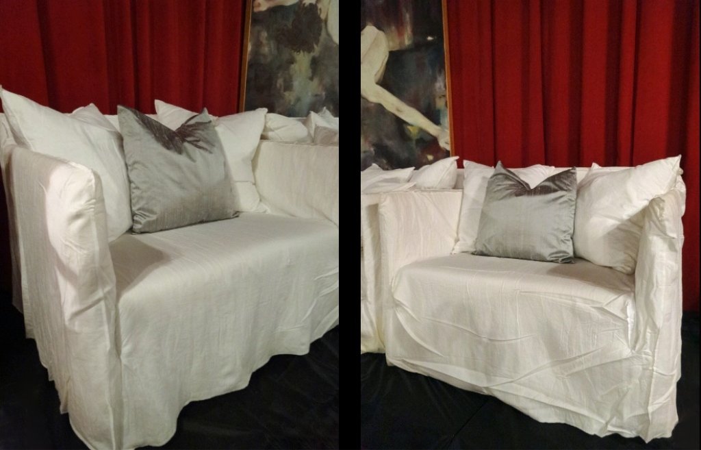 PAIR GERVASONI GHOST ARMCHAIRS, DESIGNER PAOLA NAVONE,: PAIR GERVASONI GHOST ARMCHAIRS, DESIGNER PAOLA NAVONE, WHITE REMOVABLE SLIPCOVERS OVER FOAM AND WOOD FRAME, WITH DACRONA AND DOWN CUSHIONS, SLIPCOVERS ARE WASHABLE, VERY GOOD OVERALL CONDITION, NEED C