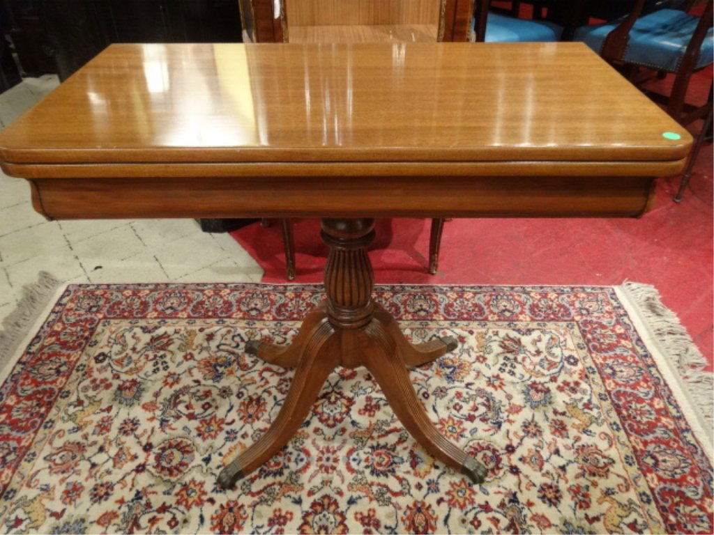 DUNCAN PHYFE STYLE FLIP TOP GAME TABLE, REEDED LEGS,: DUNCAN PHYFE STYLE FLIP TOP GAME TABLE, REEDED LEGS, BRASS PAW FEET, SKU089.05