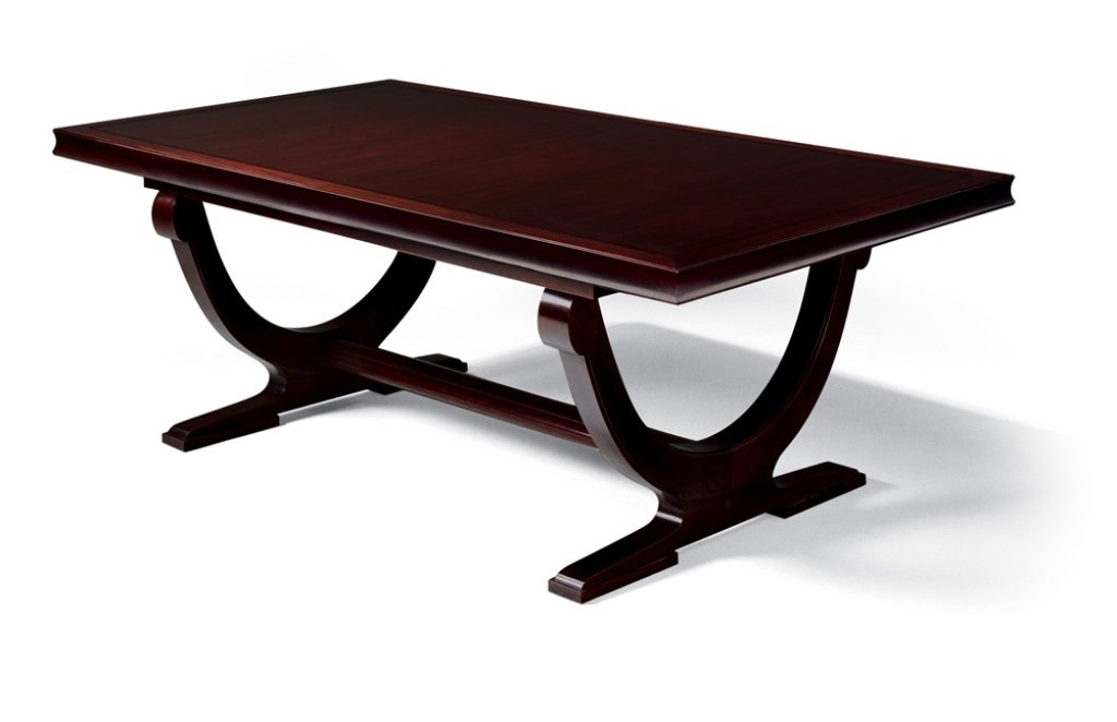 BARBARA BARRY FOR BAKER DINING TABLE, 1940's FRENCH ART: BARBARA BARRY FOR BAKER DINING TABLE, 1940's FRENCH ART DECO INSPIRED, JAVA FINISH WITH RECTANGULAR TOP SUPPORTED BY A CURVED DOUBLE BASE AND SHAPED STRETCHER, INCLUDES 2 LEAVES AND 6 BAKER CHAIRS IN