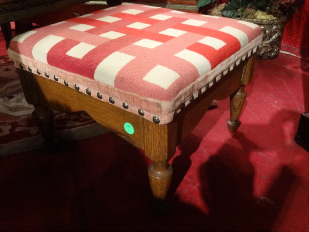 SMALL ANTIQUE FOOTSTOOL, RED AND WHITE CHECK: SMALL ANTIQUE FOOTSTOOL, RED AND WHITE CHECK UPHOLSTERY, SKU994.02