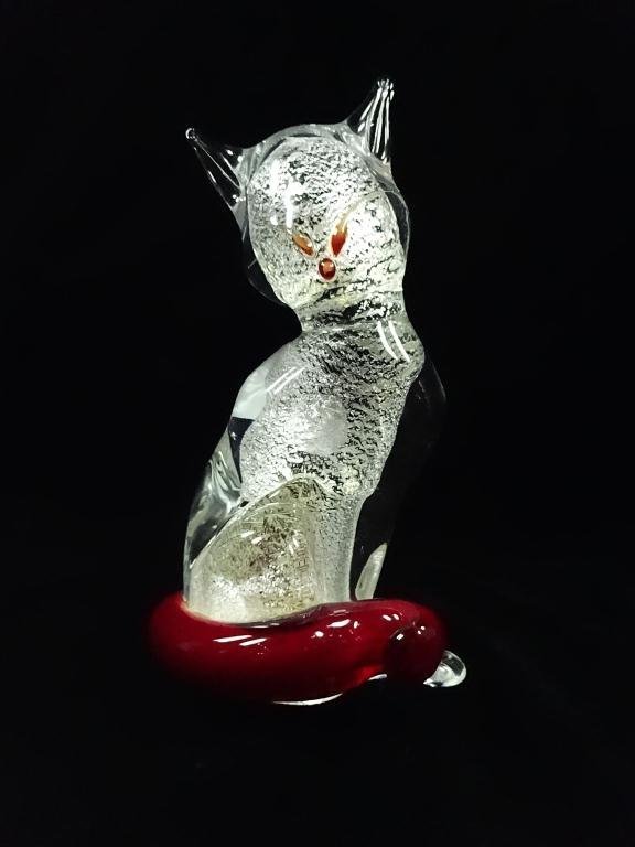 MURANO STYLE ART GLASS CAT FIGURINE, APPROX 7"H: MURANO STYLE ART GLASS CAT FIGURINE, APPROX 7"H