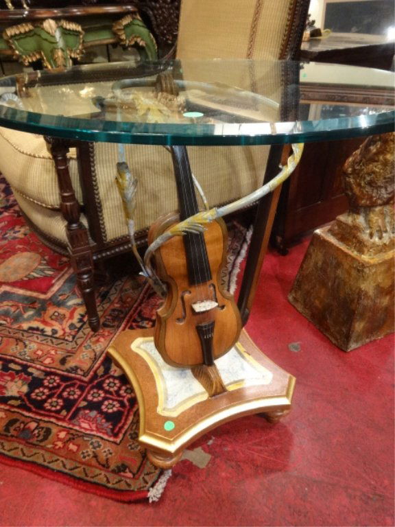 ITALIAN CARVED WOOD VIOLIN BASE TABLE, ROUND GLASS TOP, (1 of 5)
