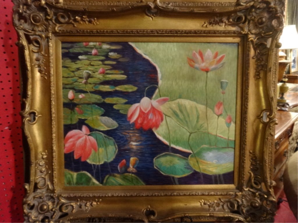 MILTON SIGNED OIL ON CANVAS PAINTING, WATER LILIES IN (1 of 8)