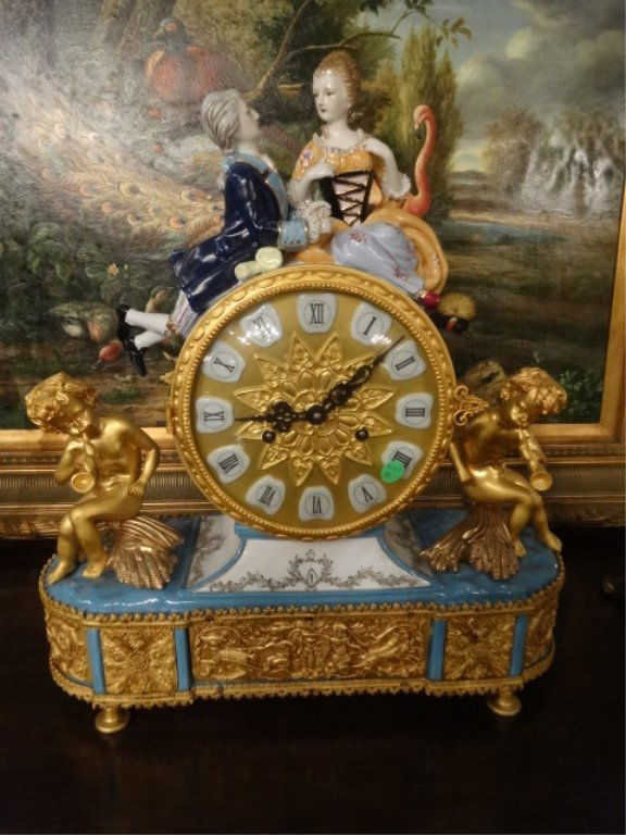 PORCELAIN AND GILT METAL MANTLE CLOCK, SURMOUNTED BY (1 of 10)