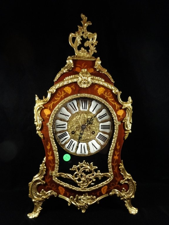 FRANZ HERMLE MARQUETRY STYLE CLOCK, CASE MADE IN ITALY,: FRANZ HERMLE MARQUETRY STYLE CLOCK, CASE MADE IN ITALY, CLOCKWORK MADE IN GERMANY, APPROX 22.25"H