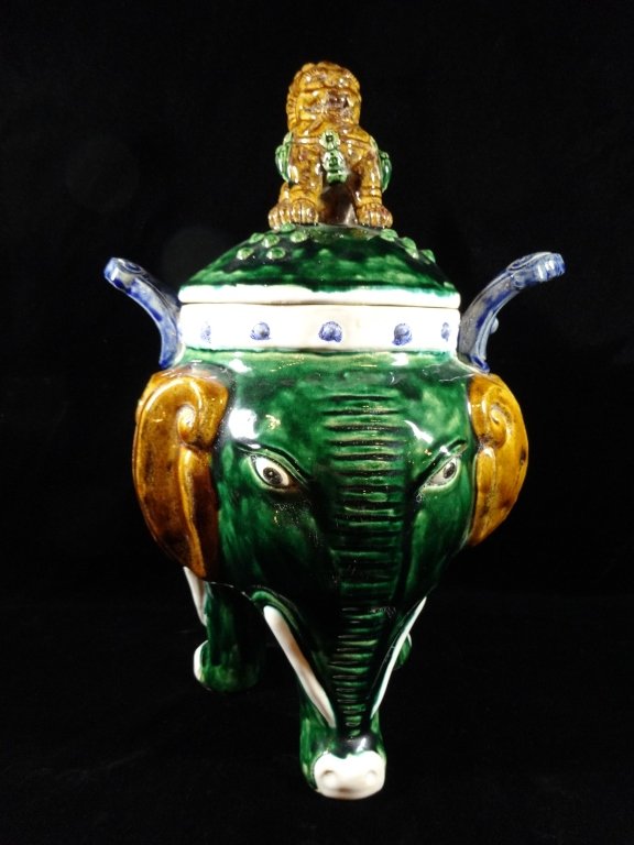 CERAMIC ELEPHANT URN WITH FOO DOG LID, ON THREE LEGS, (1 of 10)