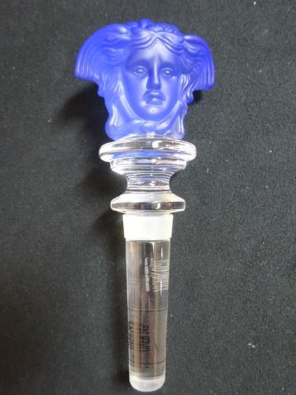 ROSENTHAL VERSACE MEDUSA CRYSTAL WINE STOPPER, BLUE,: ROSENTHAL VERSACE MEDUSA CRYSTAL WINE STOPPER, BLUE, WITH ORIGINAL BOX, MARKED, APPROX 5", PREVIEW AT OUR 2400 E. OAKLAND PARK BLVD SHOWROOM, FT. LAUDERDALE