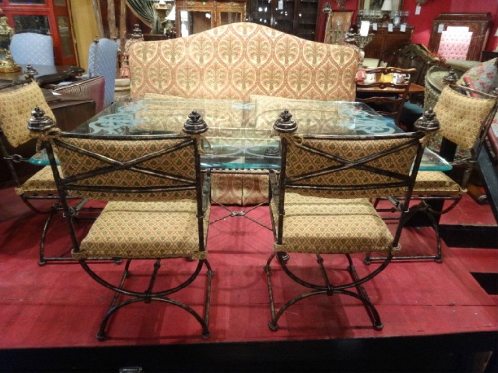 6 PC ITALIAN STYLE DINING SET, LEATHER SEAT CAMEL BACK: 6 PC ITALIAN STYLE DINING SET, LEATHER SEAT CAMEL BACK BENCH WITH NAILHEAD TRIM, METAL BASE TABLE WITH 6' X 6' ETCHED GLASS TOP, AND 4 SAVONAROLA STYLE ARMCHAIRS, SKU9087