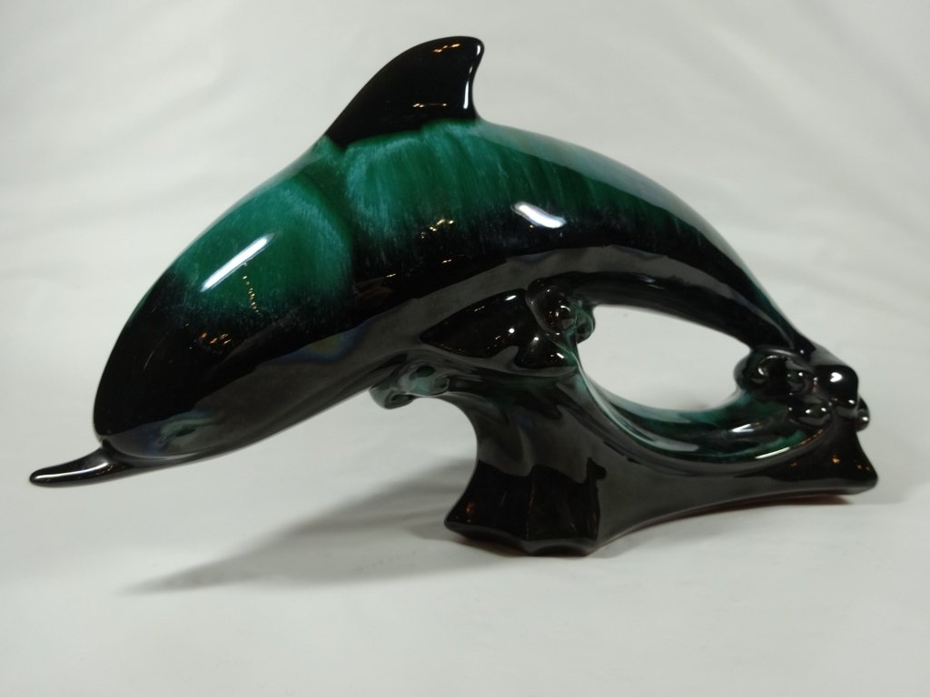 BLUE MOUNTAIN POTTERY DOLPHIN, APPROX 7" X 12.5", TINY: BLUE MOUNTAIN POTTERY DOLPHIN, APPROX 7" X 12.5", TINY CHIP TO TIP OF DORSAL FIN