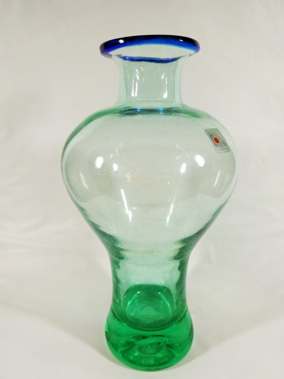BLENKO GLASS VASE, GREEN WITH BLUE RIM, HANDMADE, WITH (1 of 5)
