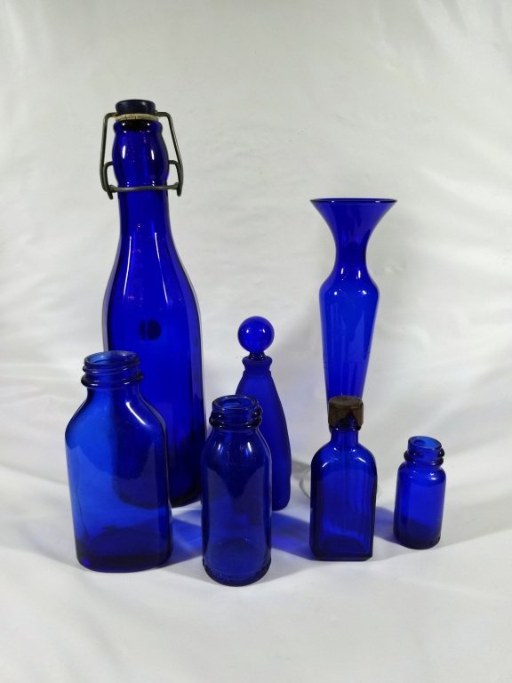 7 COBALT GLASS BOTTLES & VASE, SOLD TOGETHER, TALLEST (1 of 10)