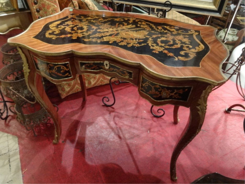 LOUIS XV STYLE MARQUETRY WRITING DESK, GILT BRONZE (1 of 8)