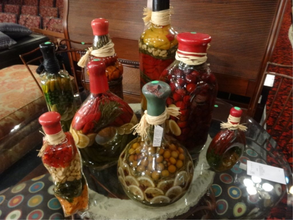 8 PC DECORATIVE PRESERVED VEGETABLE/FRUIT JARS, LARGEST