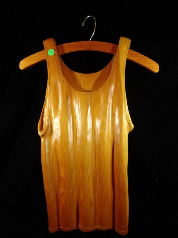 CARVED WOODEN SCULPTURE, SHIRT ON HANGER, SIGNED BY: CARVED WOODEN SCULPTURE, SHIRT ON HANGER, SIGNED BY ARTIST & DATED 1996, CRACK TO HANGER, APPROX 25.5"H