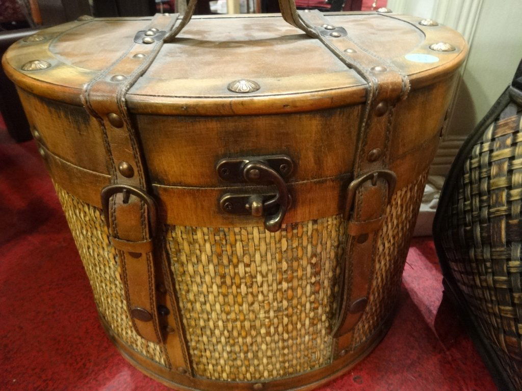 WOOD AND RATTAN BOX WITH LEATHER STRAPS, APPROX 13"W, (1 of 4)